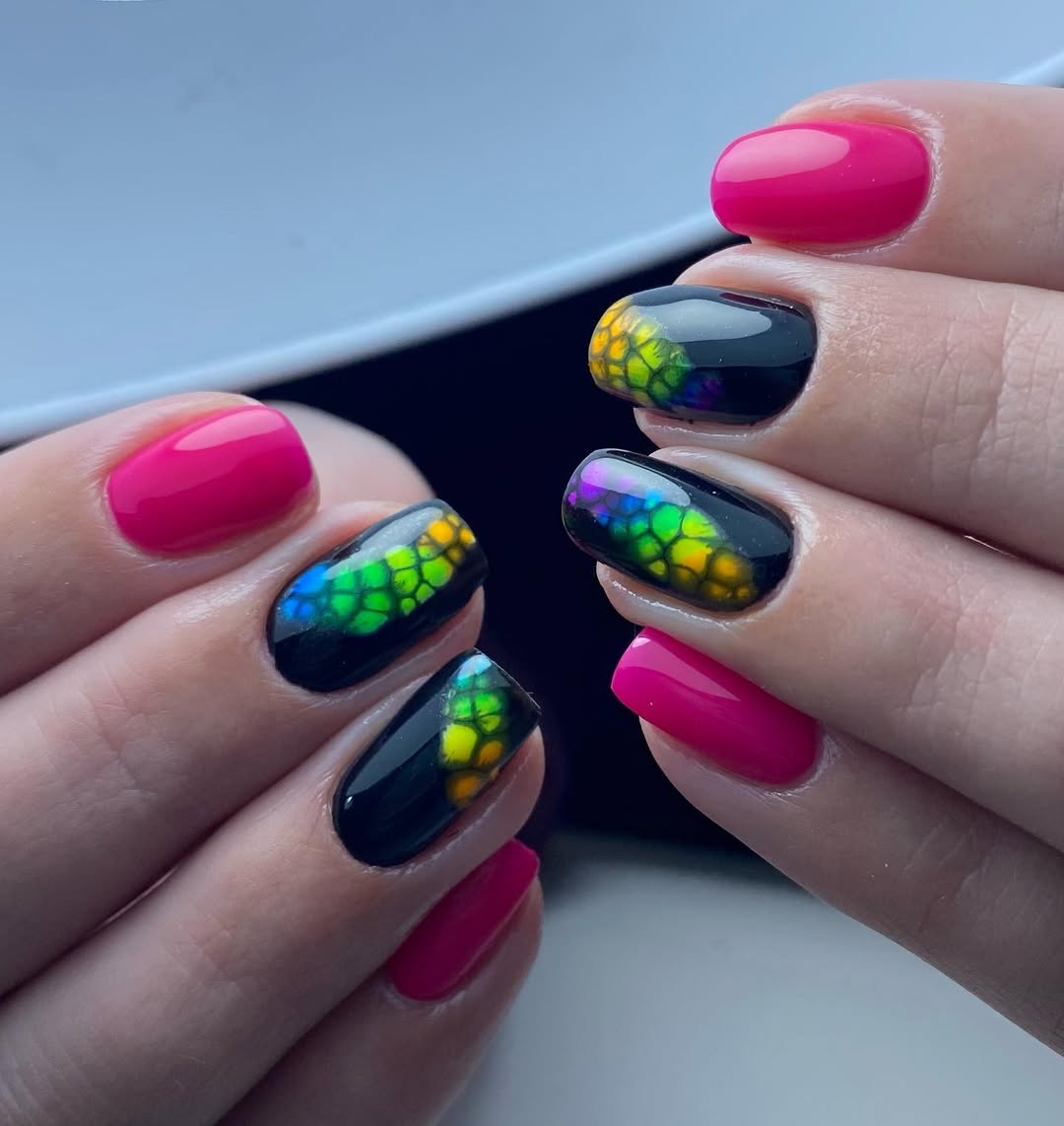 Neon Pink and Rainbow Dragon Scale Nails