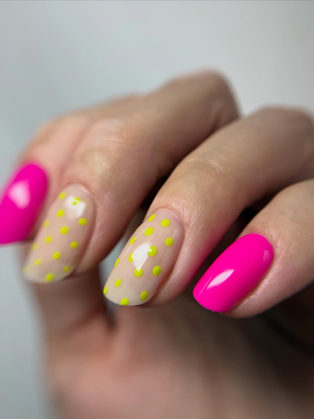 Neon Pink and Yellow Polka Dot Oval Nails