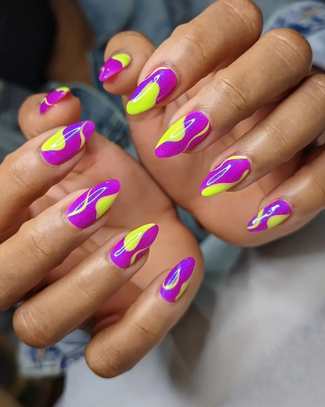 Neon Pink and Yellow Swirl Almond Nails