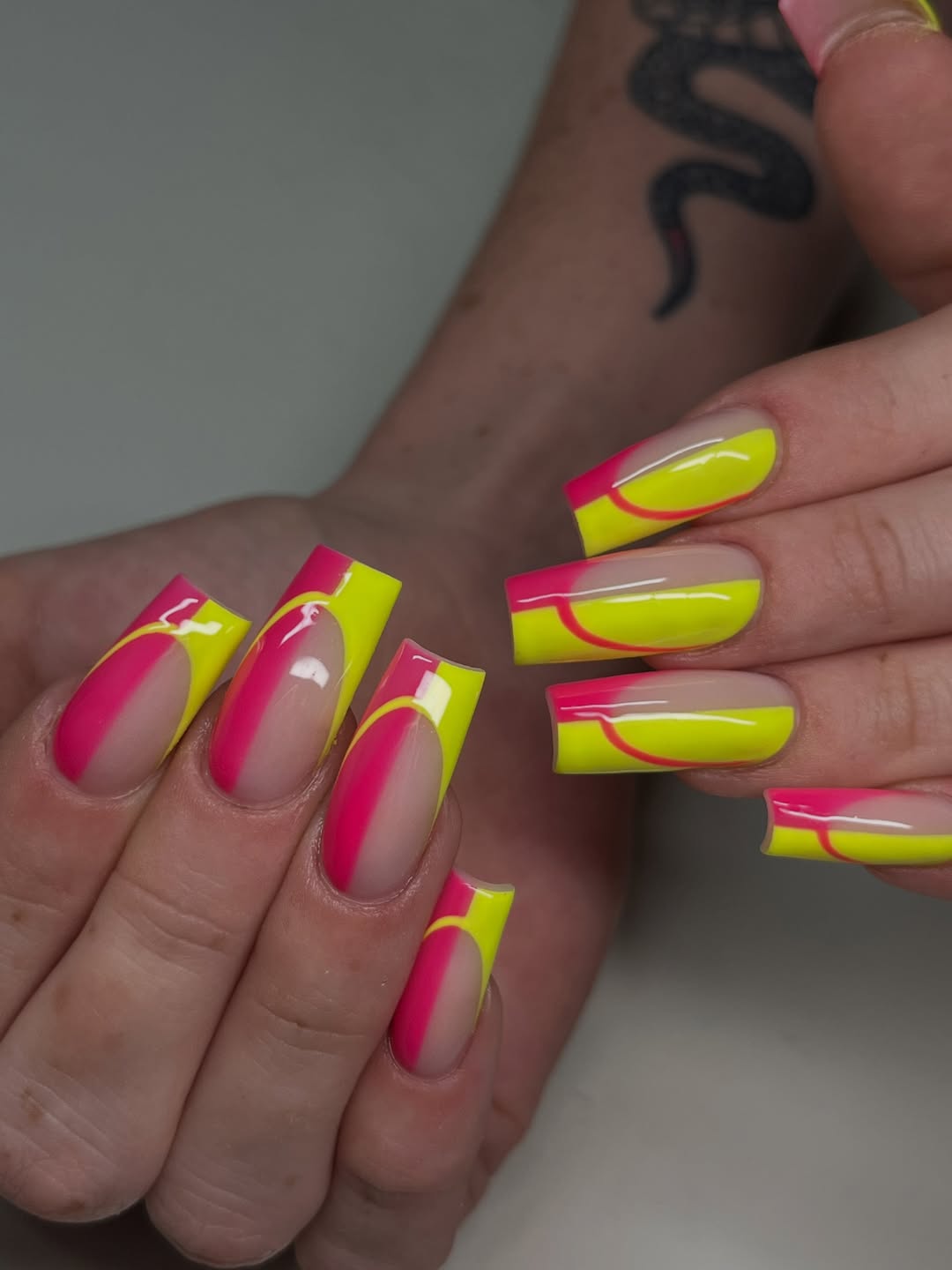 Neon Pink and Yellow Swirl French Tips