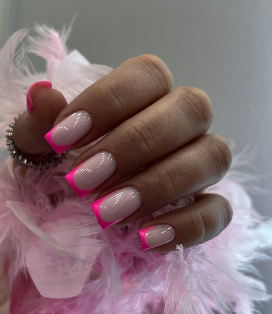 Neon Pink French Tips Square Nails