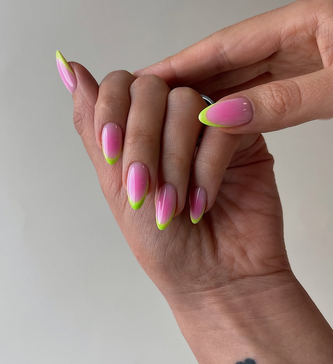 Neon Pink Ombre French Tips Almond Nails
