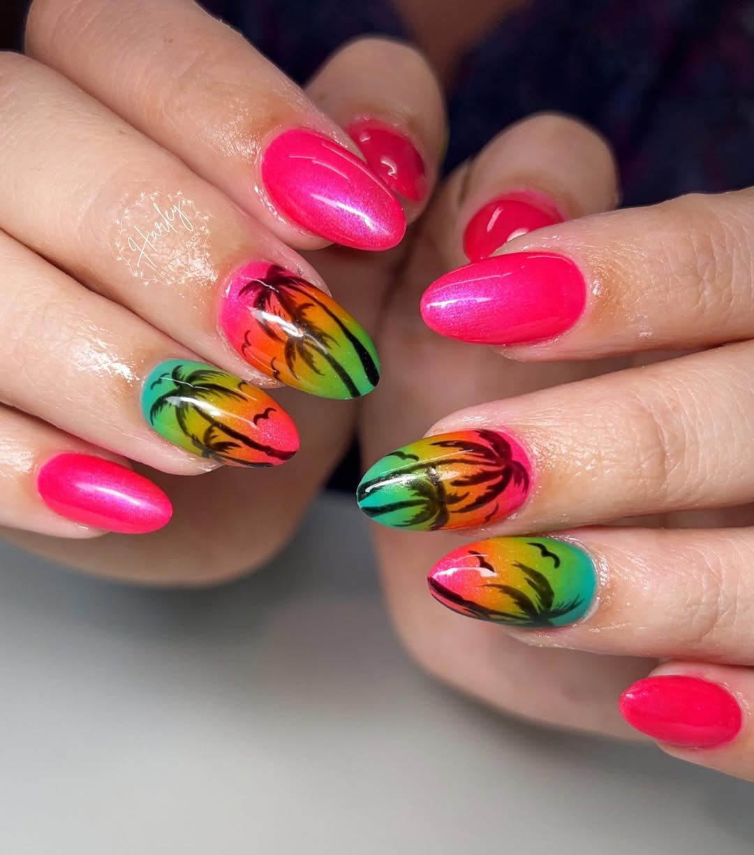 Neon Pink Ombre Palm Tree Summer Fun Nails