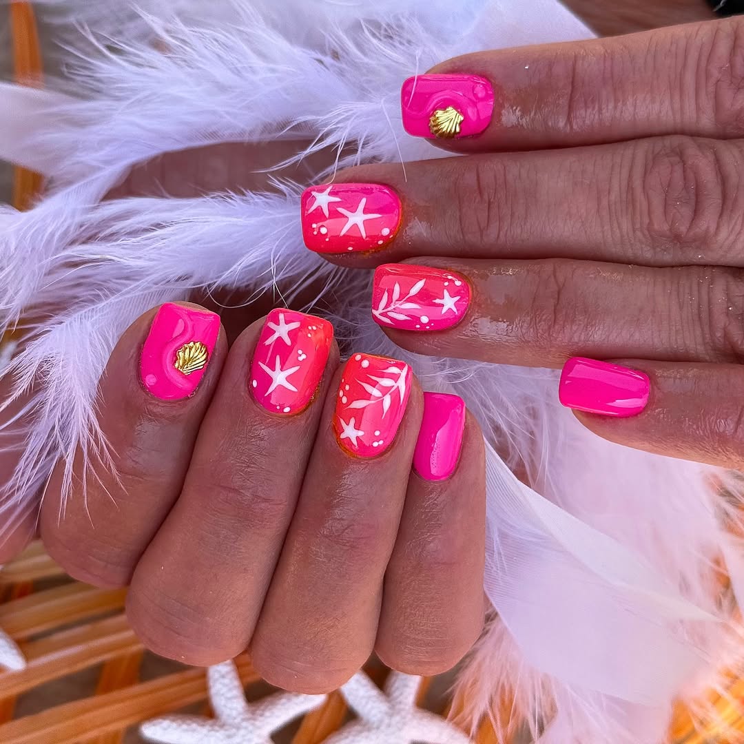 Neon Pink Ombre Starfish Summer Fun Nails