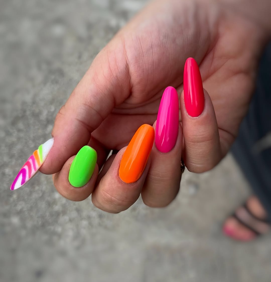 Neon Pink Orange Green Swirl Glossy Stiletto Nails