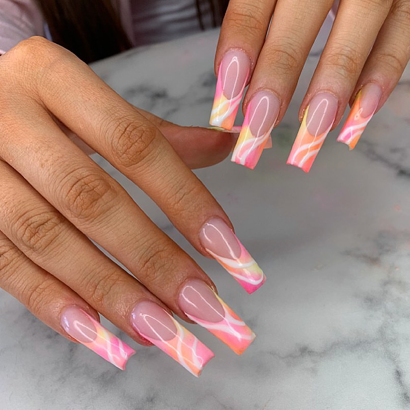 Neon Pink Orange Swirl French Tips