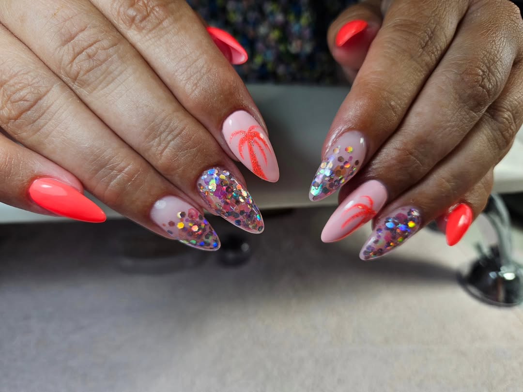 Neon Pink Palm Tree Glitter Almond Nails