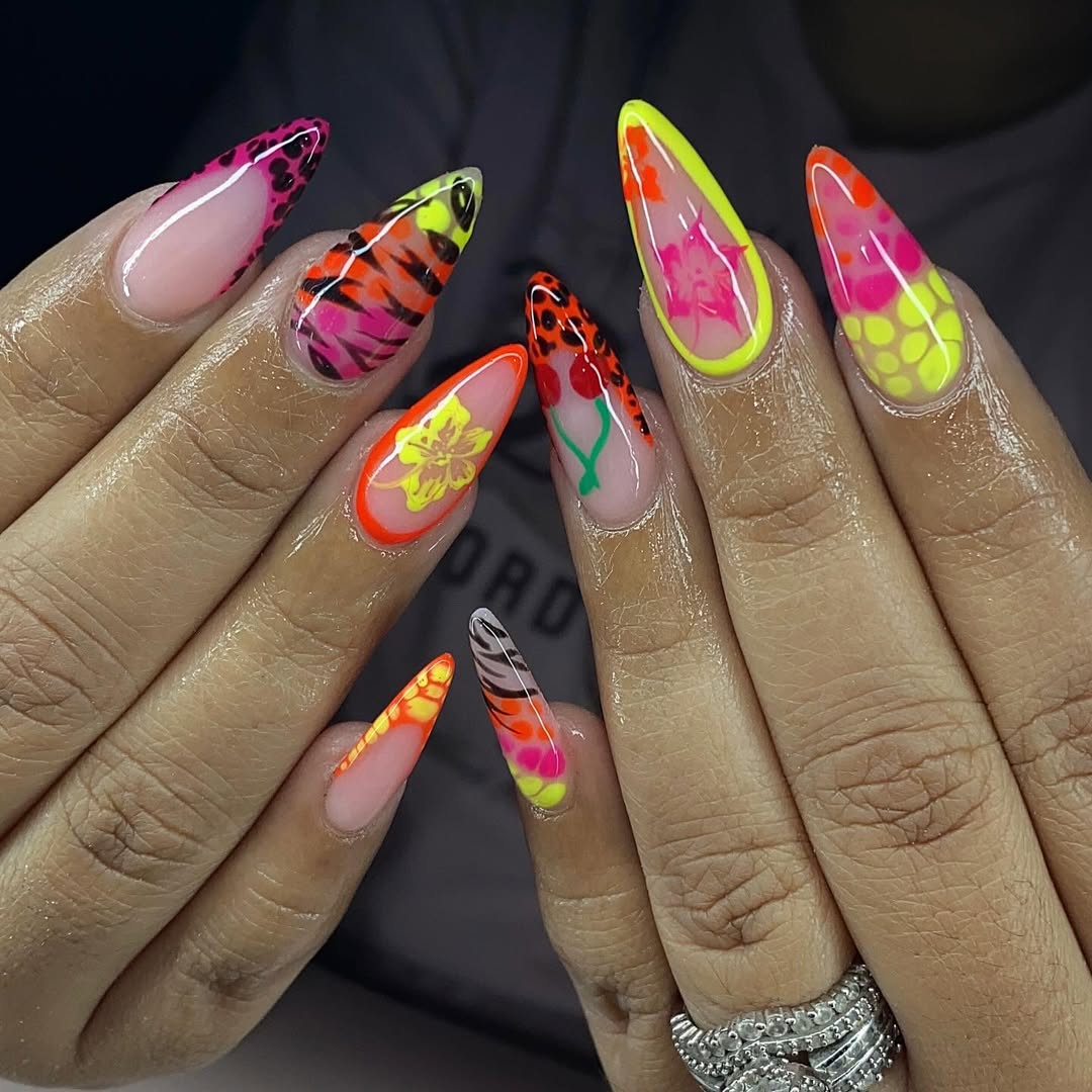 Neon Pink Yellow Orange Ombré Animal Print Stiletto Nails