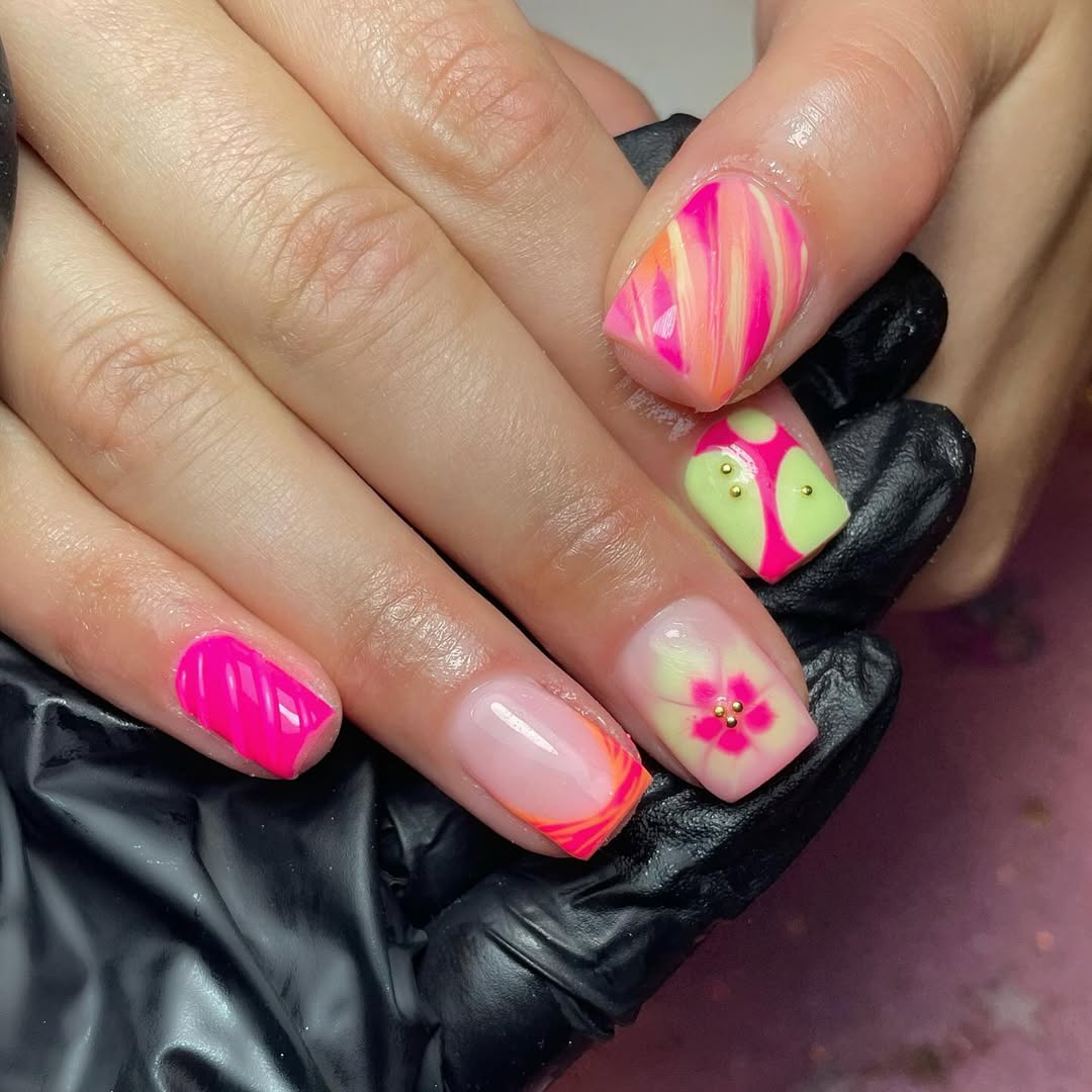 Neon Pink Yellow Orange Swirls Floral Pattern