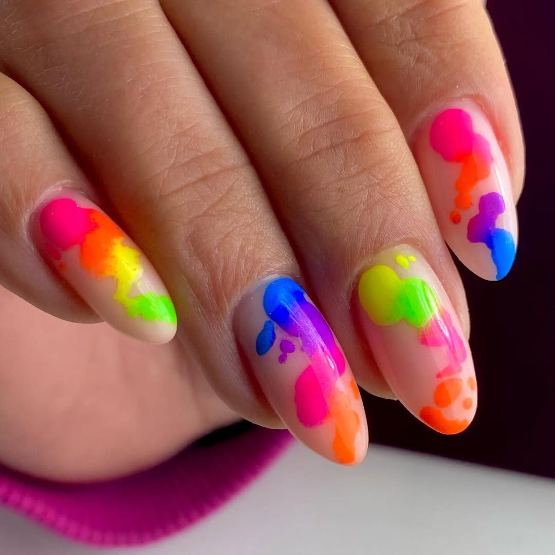 Neon Splatter Paint Medium Almond Nails