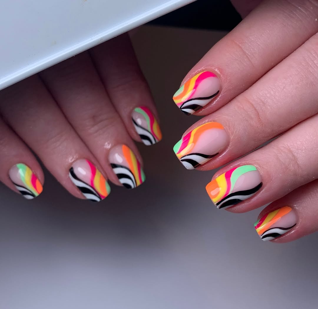 Neon Swirl Short Squoval Summer Nails