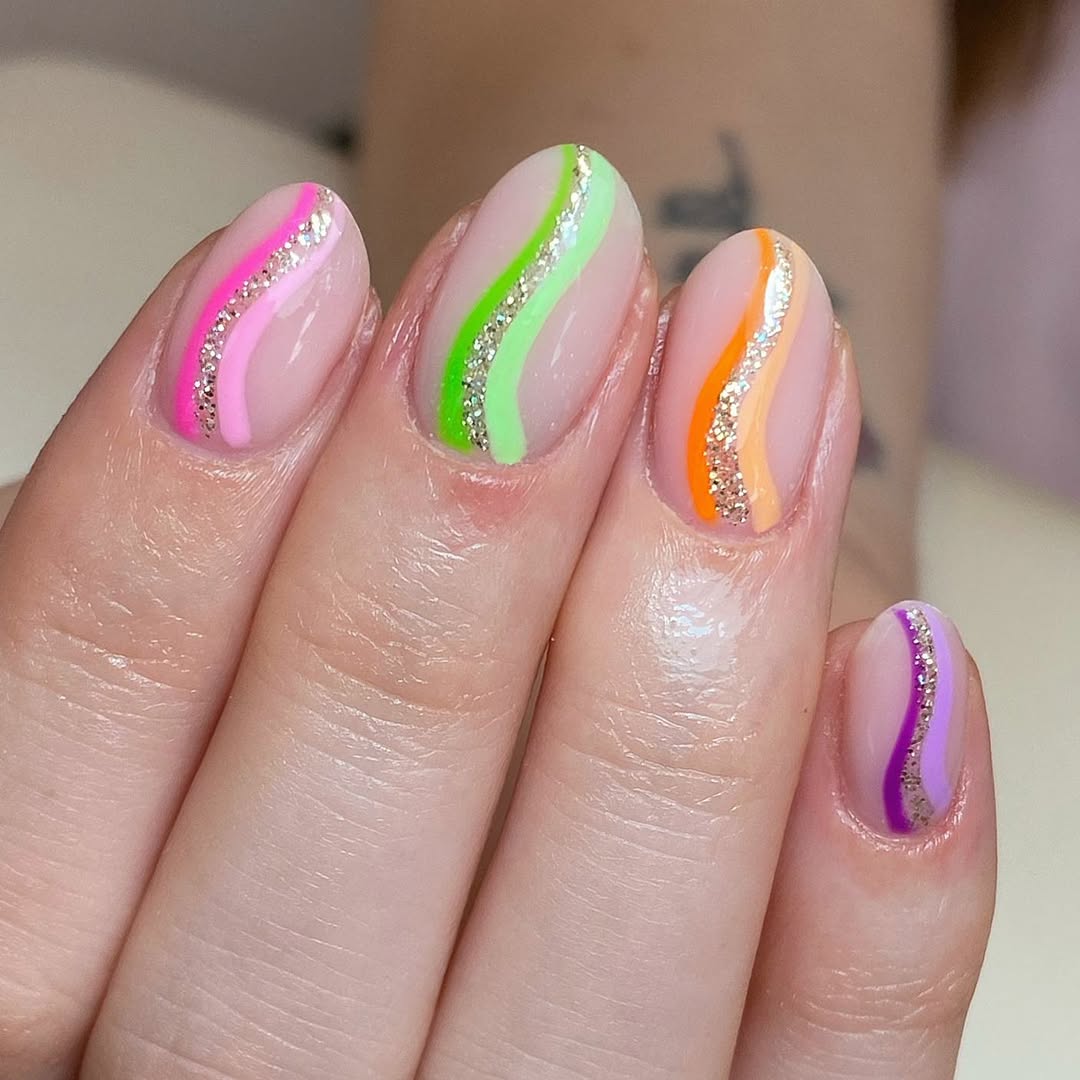 Neon Wave Glitter Swirl Almond Summer Nails