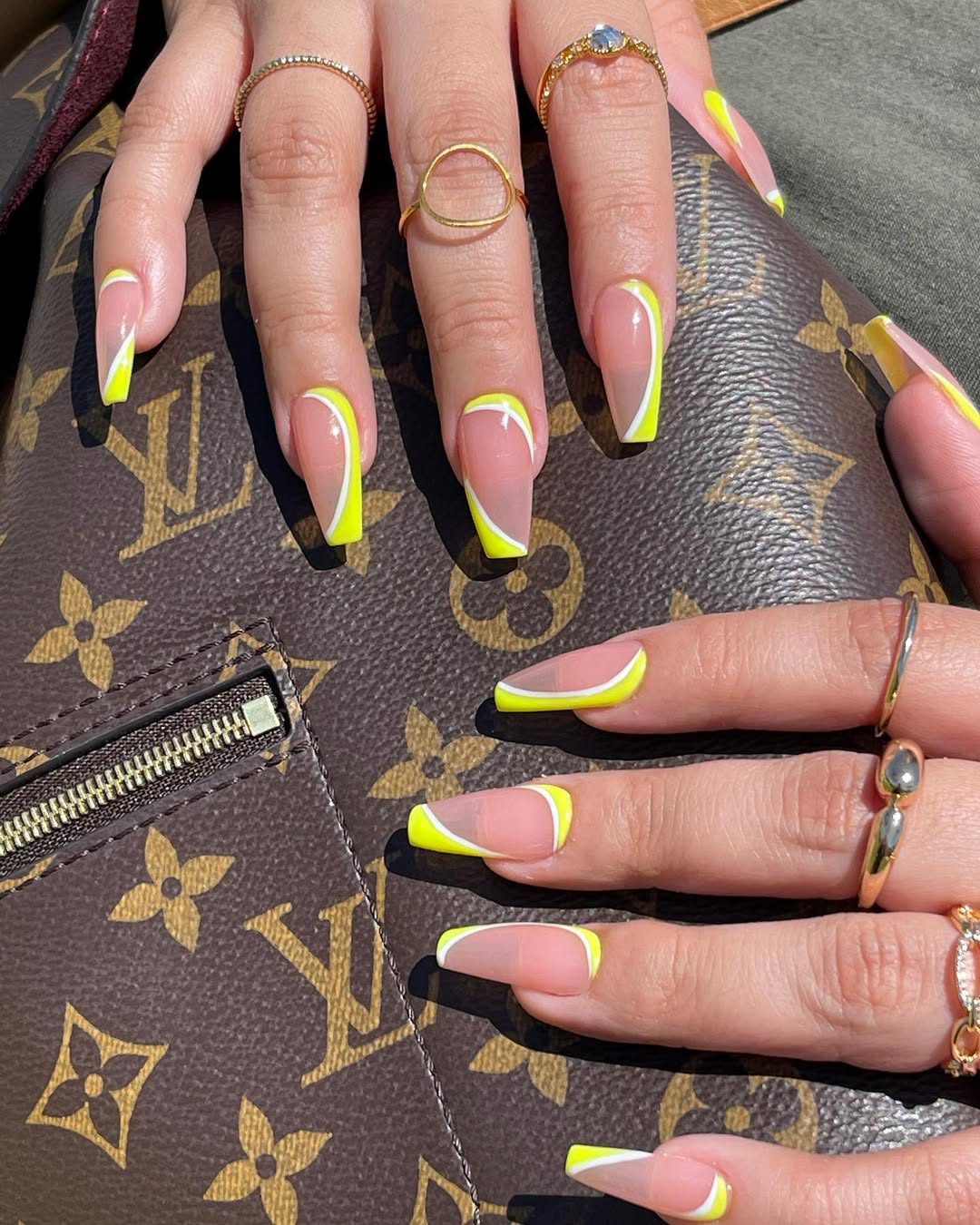 Neon Yellow Abstract French Coffin Nails
