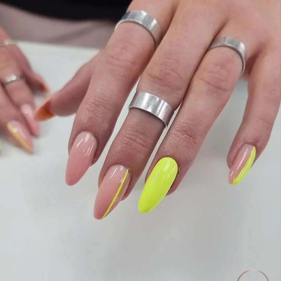 Neon Yellow Asymmetrical Diagonal French Tips with Pink Base