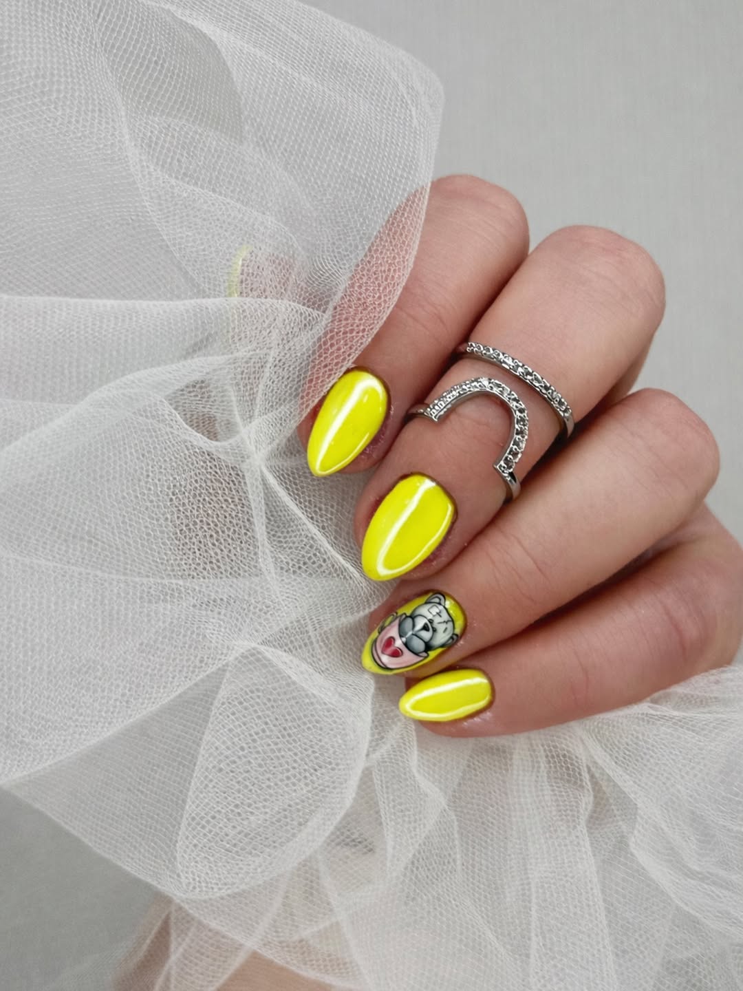 Neon Yellow Bear Character Glossy Almond Nails