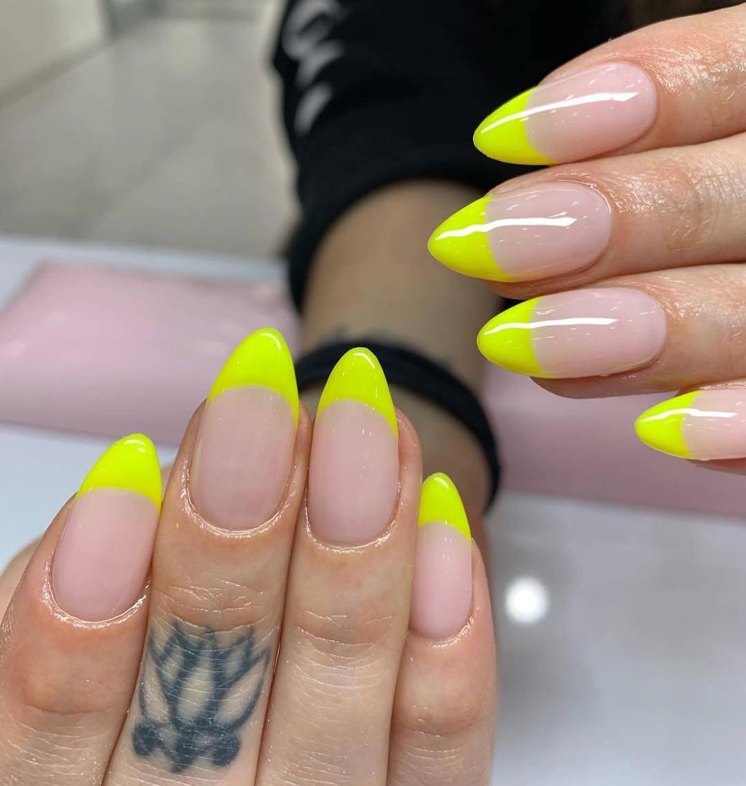 Neon Yellow French Tip Almond Nails