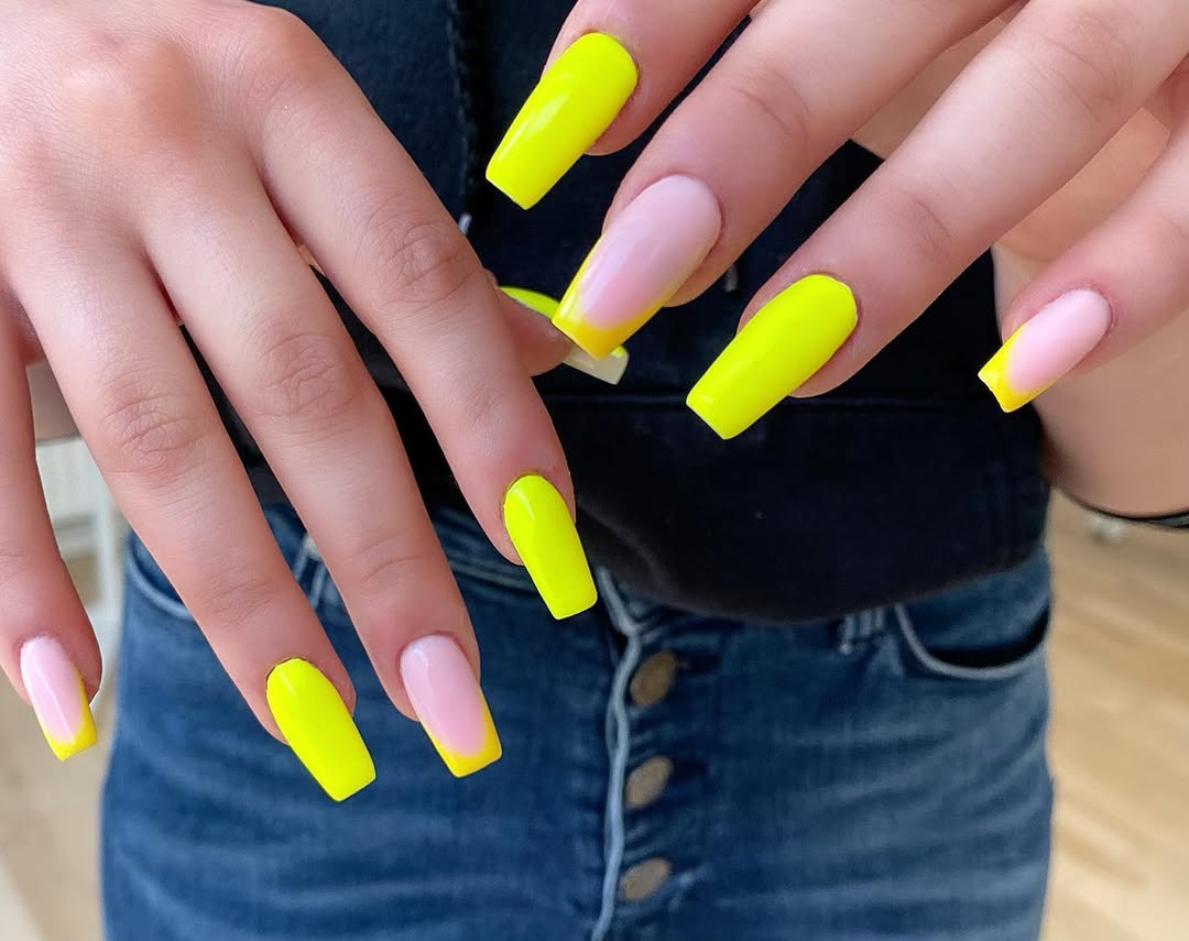 Neon Yellow French Tip Coffin Gel Nails
