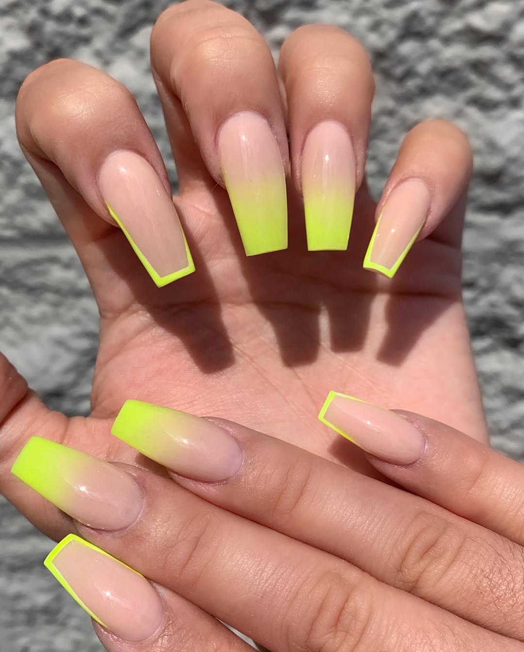 Neon Yellow Ombre Coffin Nails with Outline