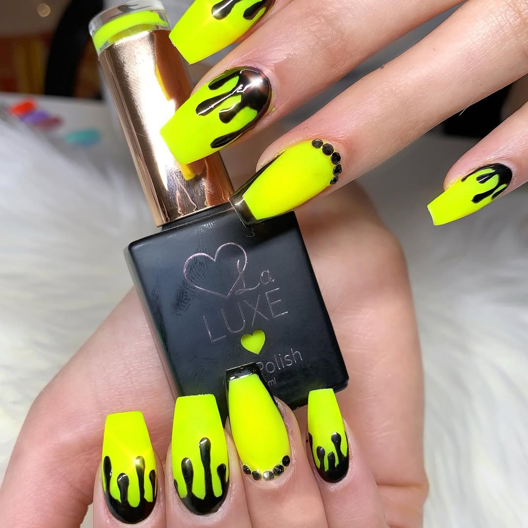 Neon Yellow Slime Drip Coffin Nails