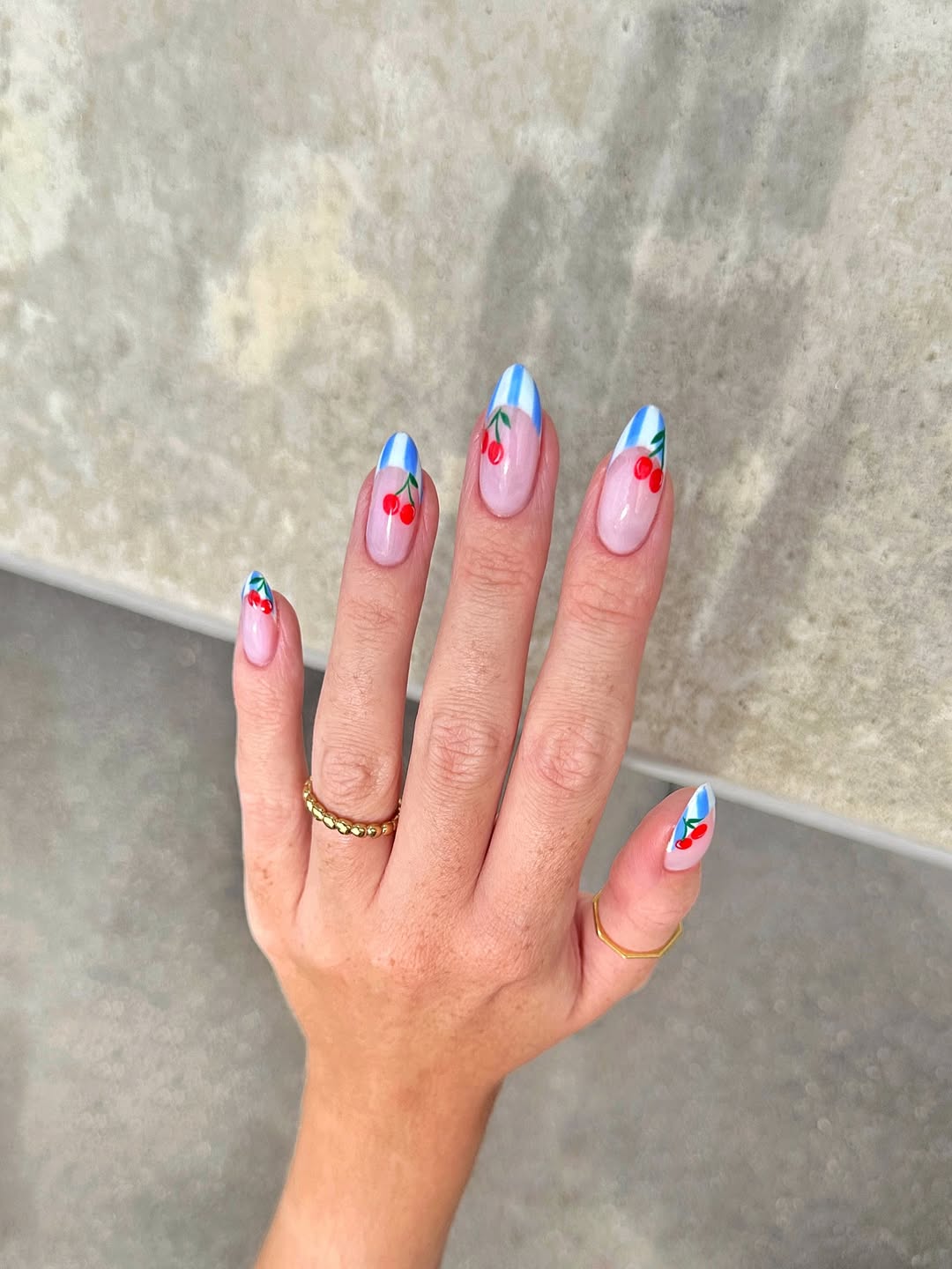 Nude Almond Blueberry Stripe Cherry Art French Tips