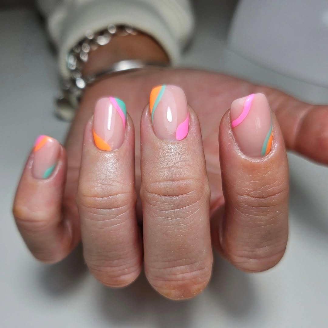 Nude Base Wavy Neon Line Art Short Squoval Nails