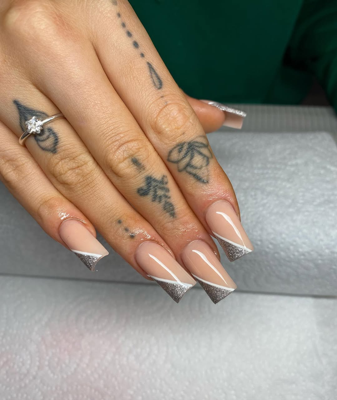 Nude to Silver Glitter Diagonal French Tips