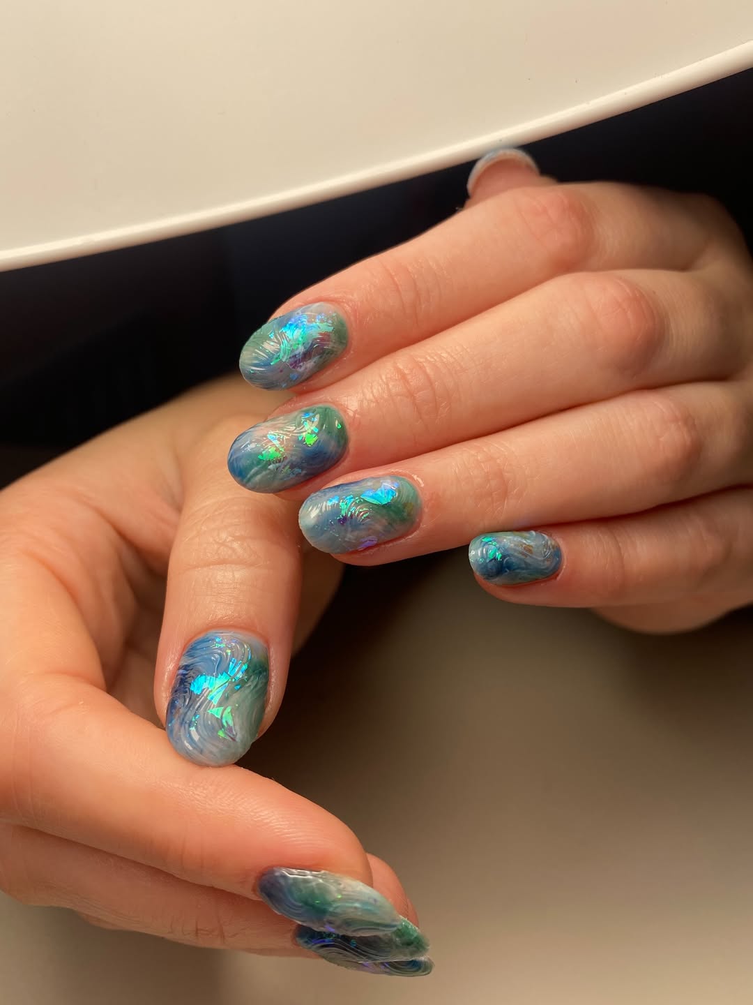 Ocean Swirl Aqua Iridescent Flakes Short Round Nails
