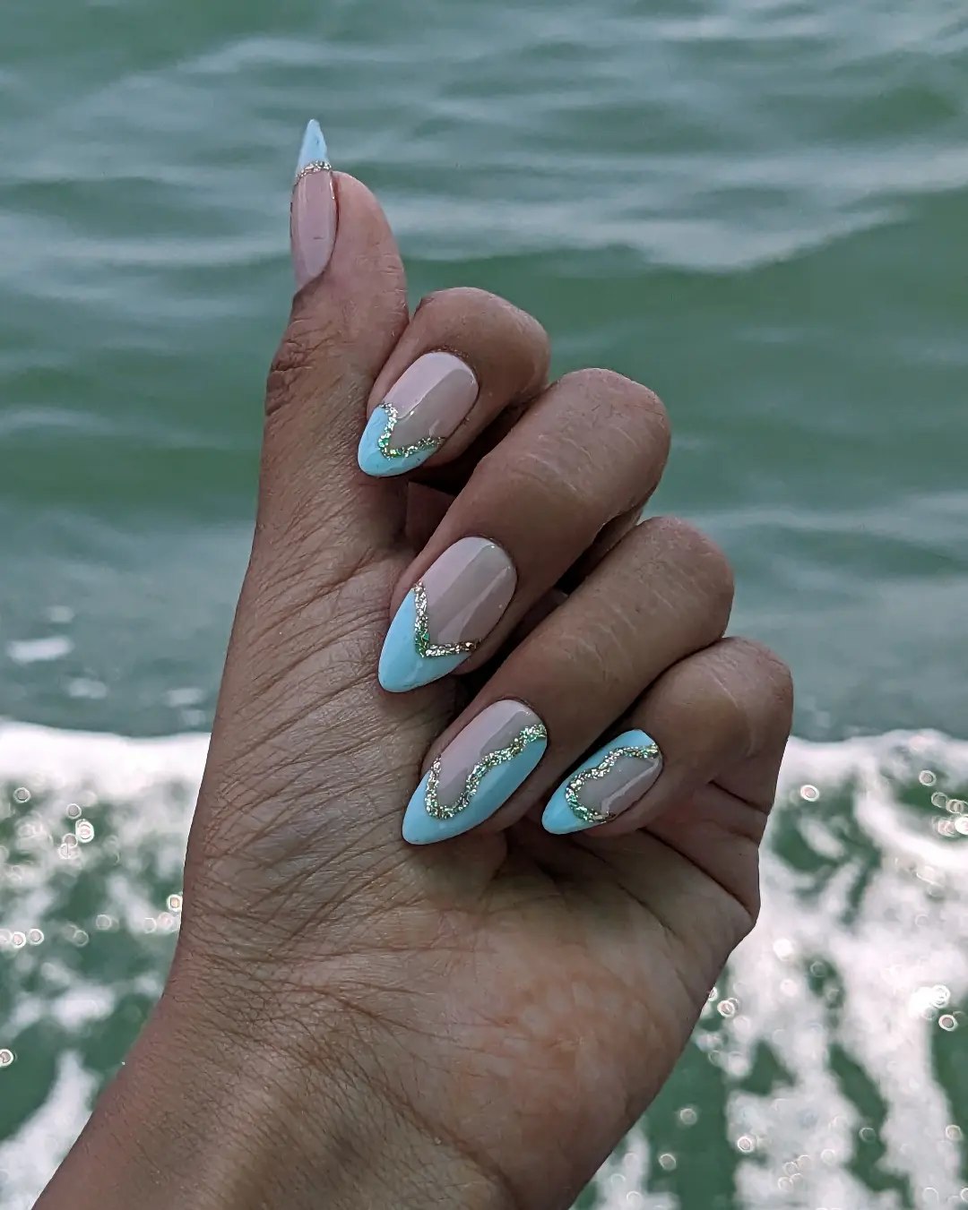 Ocean Wave Glitter French Almond Nails