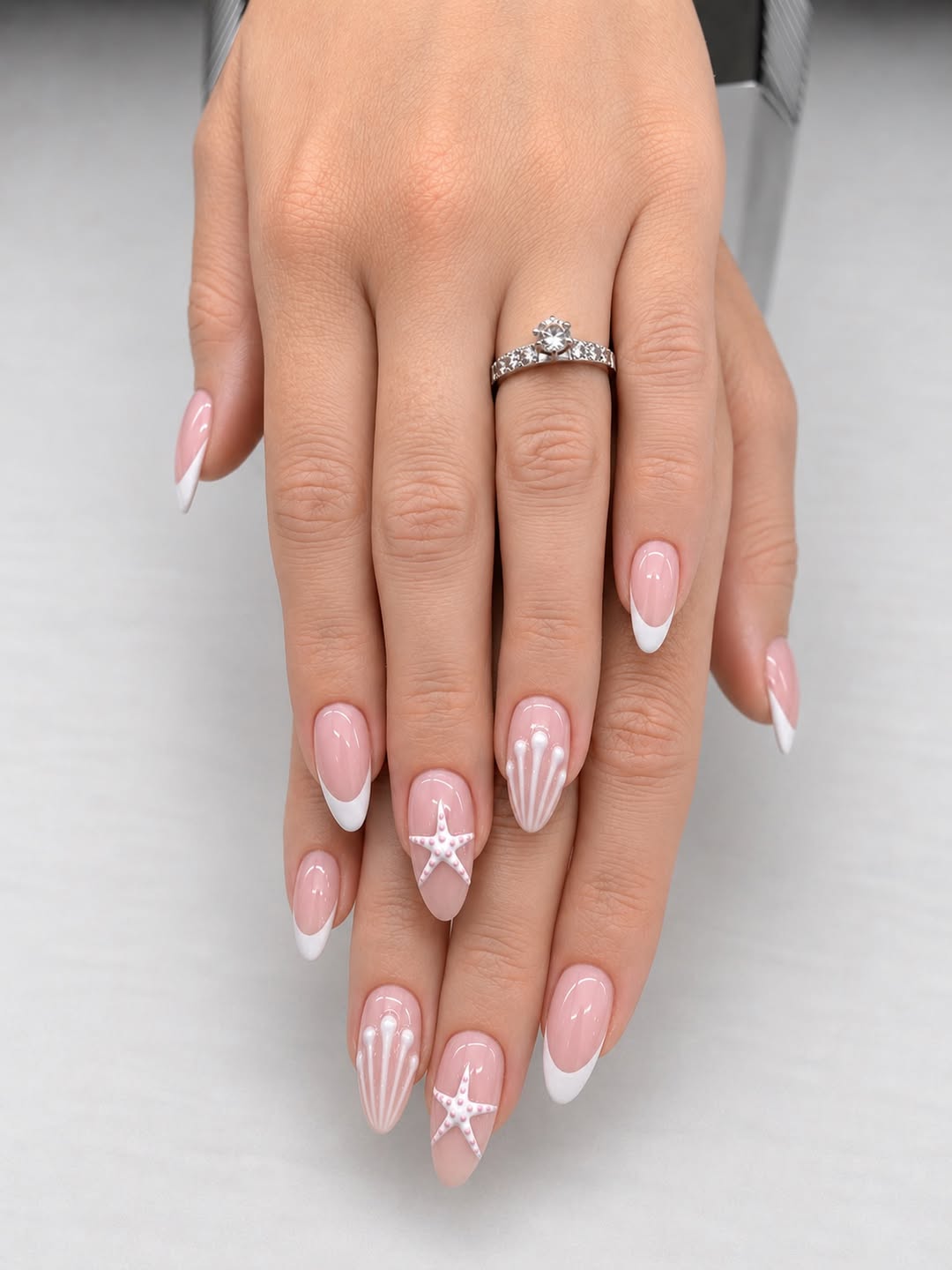 Oceanic Pink French Manicure with 3D Starfish and Shells