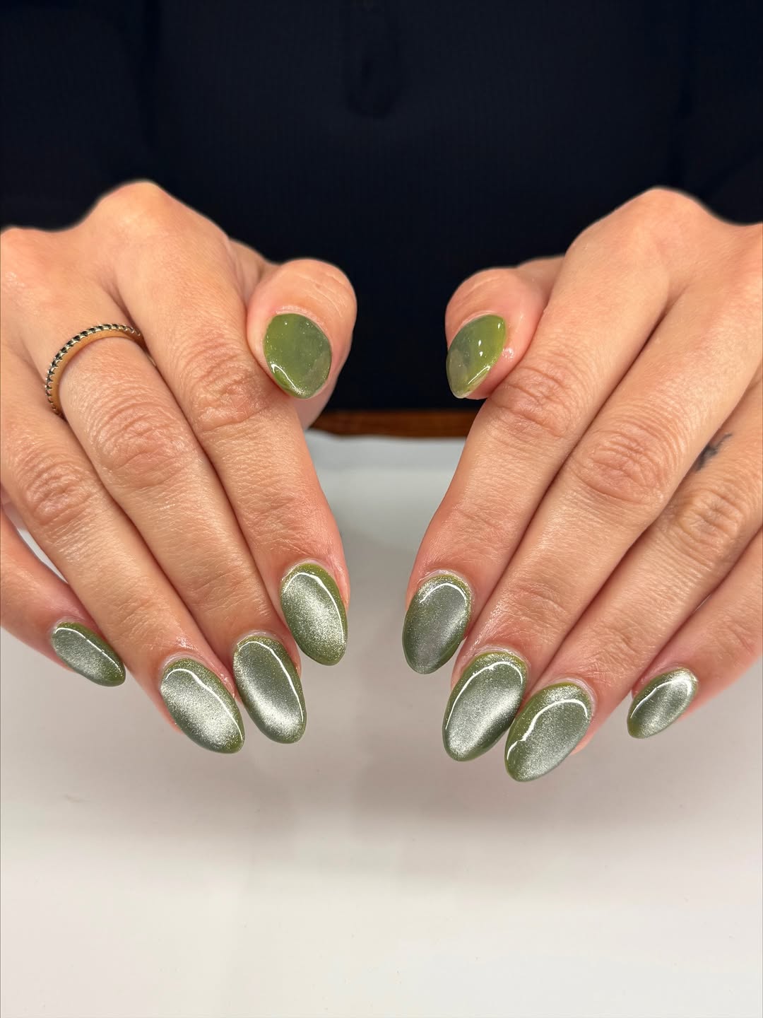 Olive Green Cat Eye Gel Medium Oval Nails