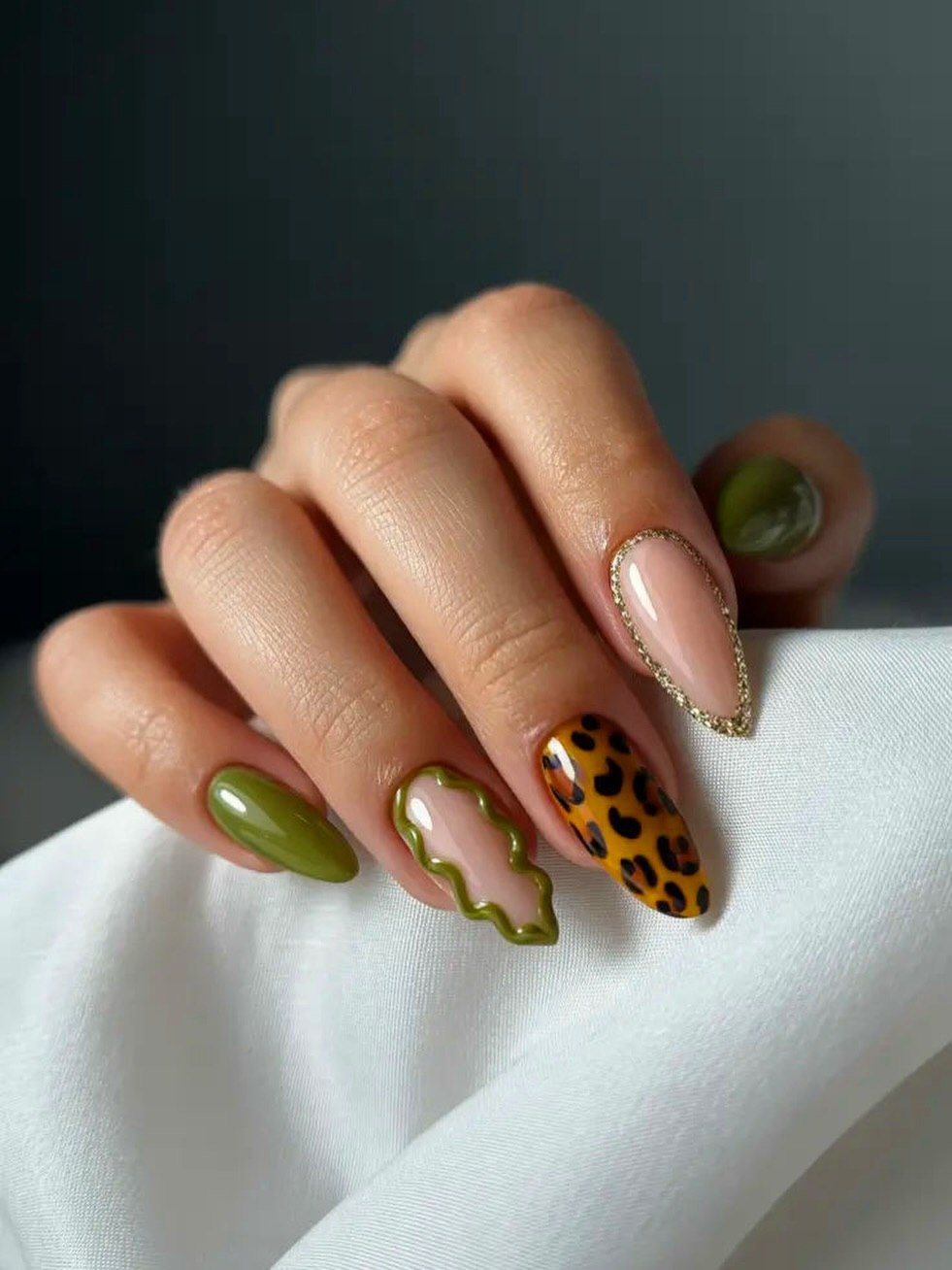 Olive Green Leopard Print Wavy Almond Nails