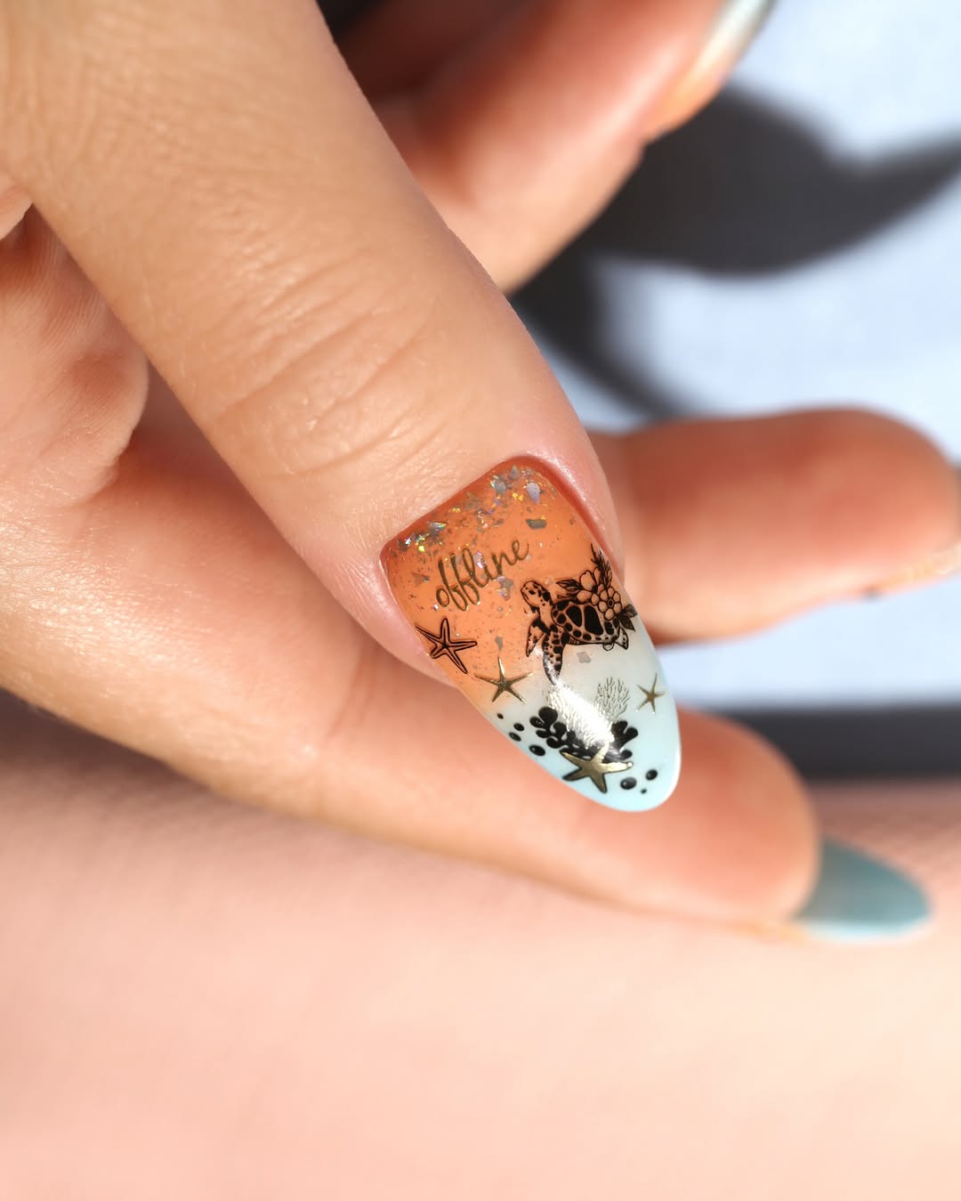 Ombré Orange Blue Glitter Sea Turtle Nails