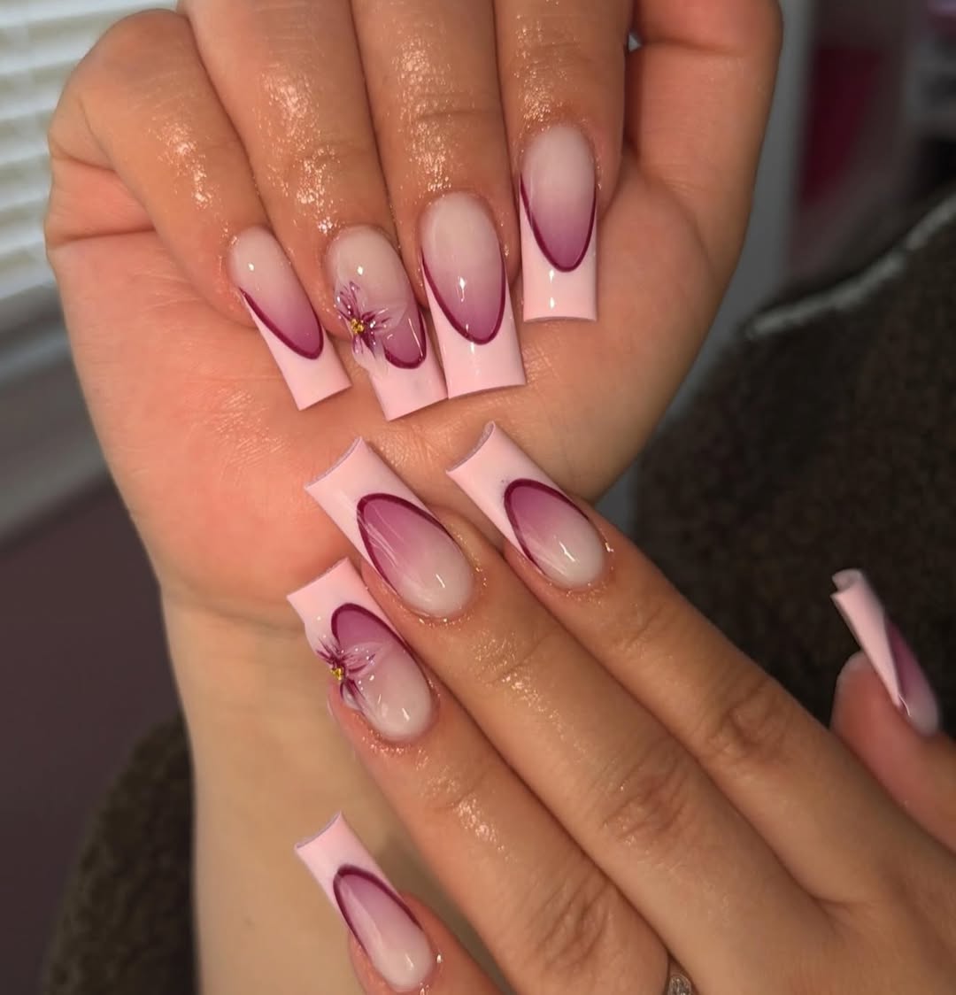 Ombre Magenta French Tips with 3D Floral Acrylic