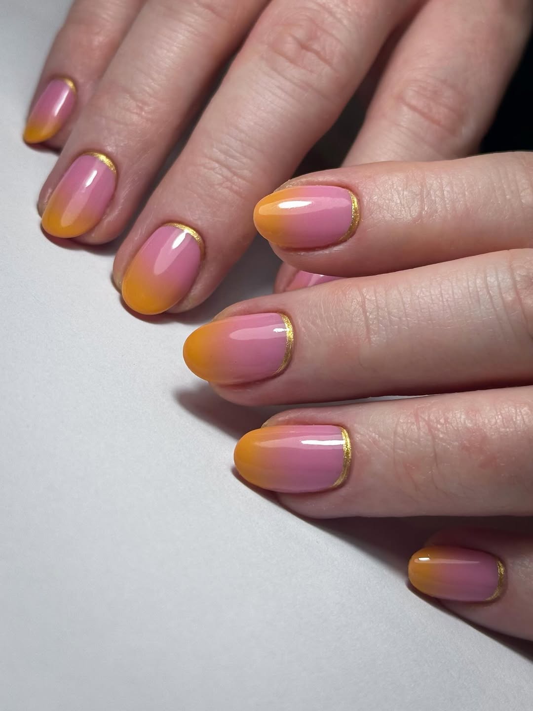 Ombre Pink and Orange Gold Cuticle Nails