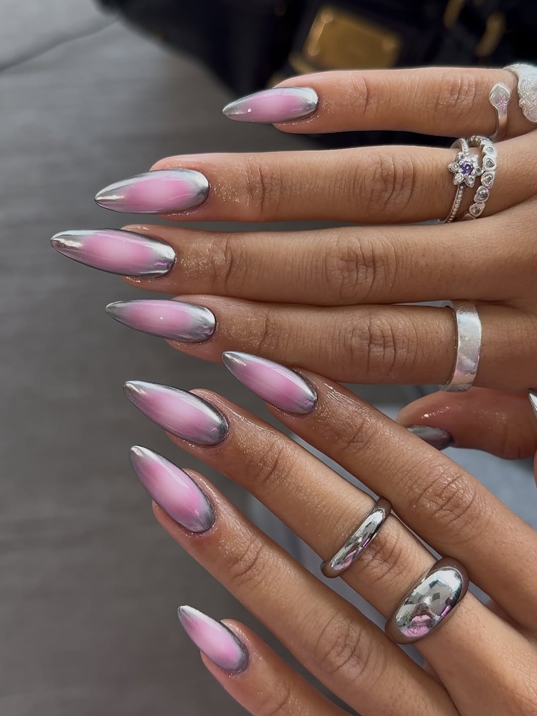 Ombre Pink Chrome Silver Almond Nails