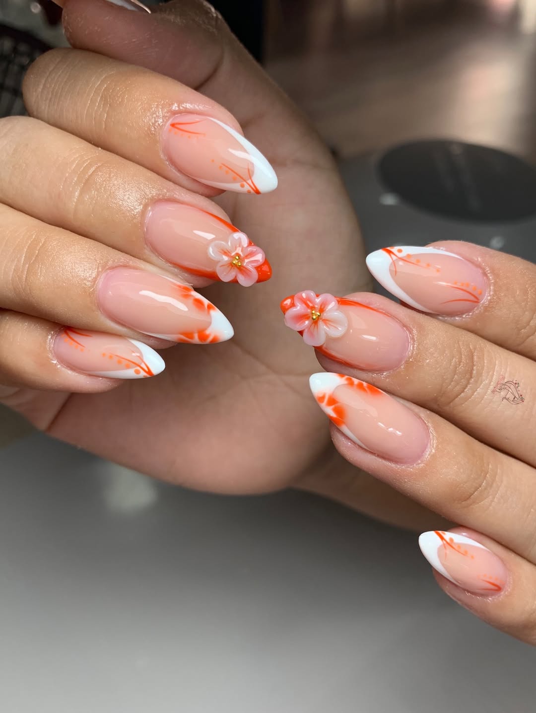 Orange Floral Swirl French Tips with 3D Accents
