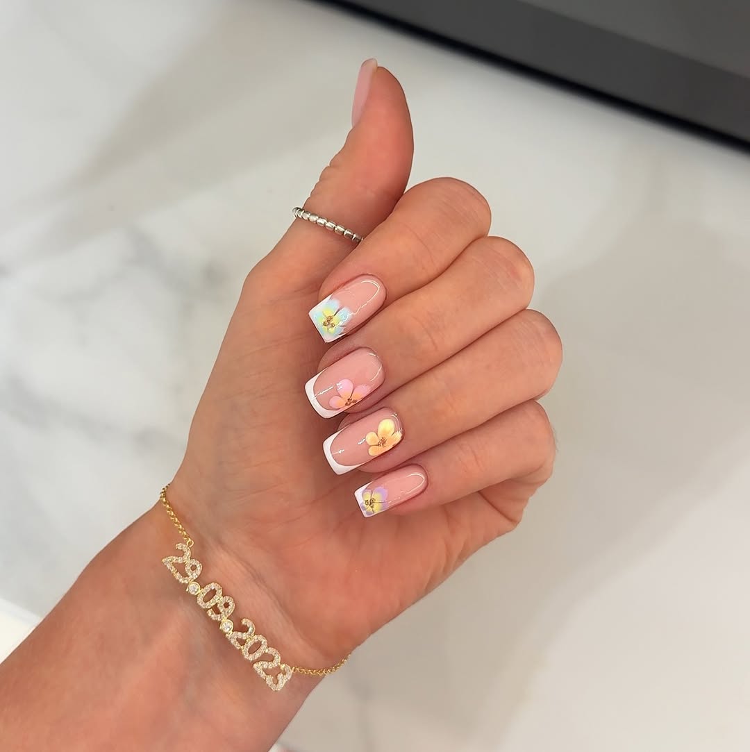 Pastel Floral French Tip Coffin Nails