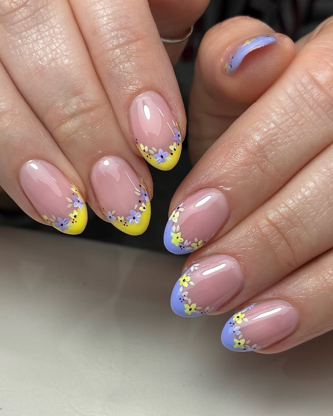 Pastel Floral French Tip Oval Nails