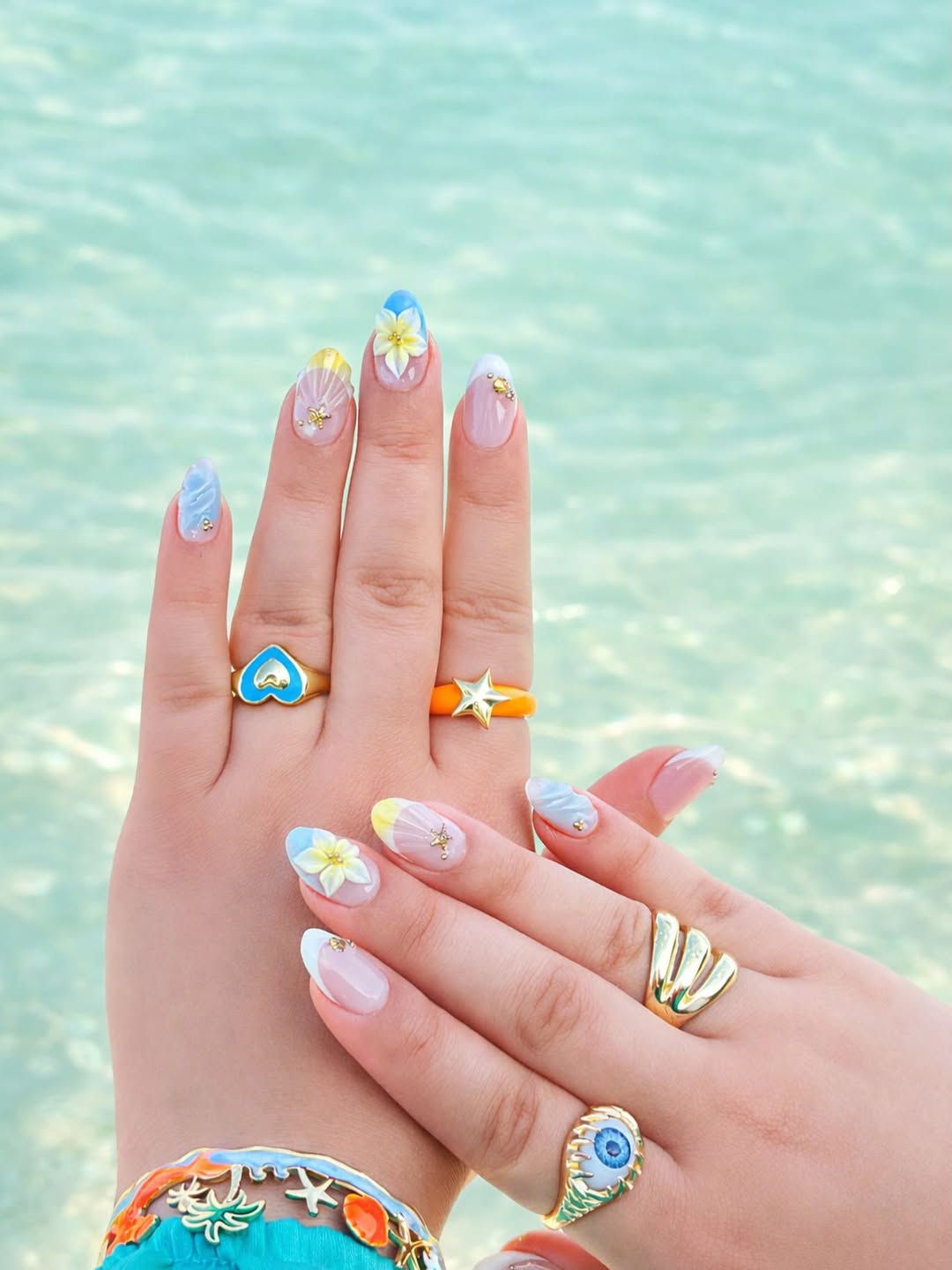 Pastel French Tips and Floral Mermaid Charms