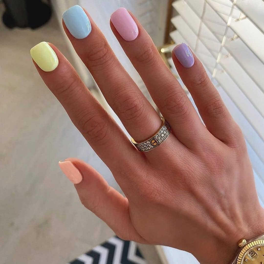 Pastel Glossy Short Square Rainbow Nails