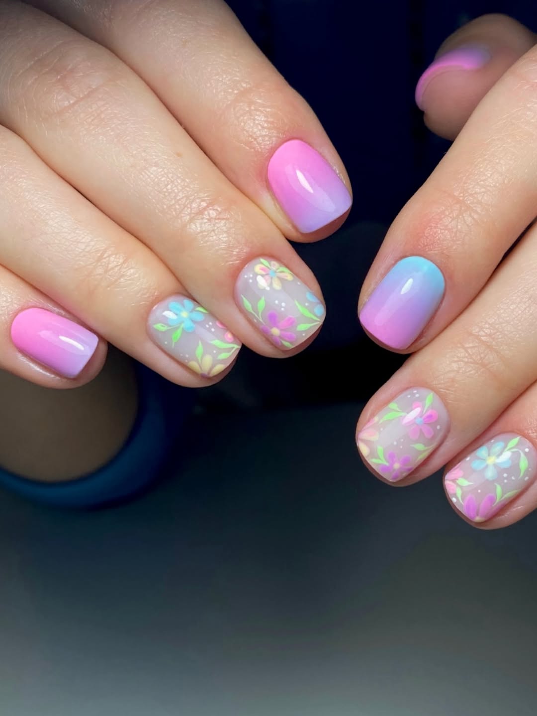 Pastel Ombre Floral Short Round Nails