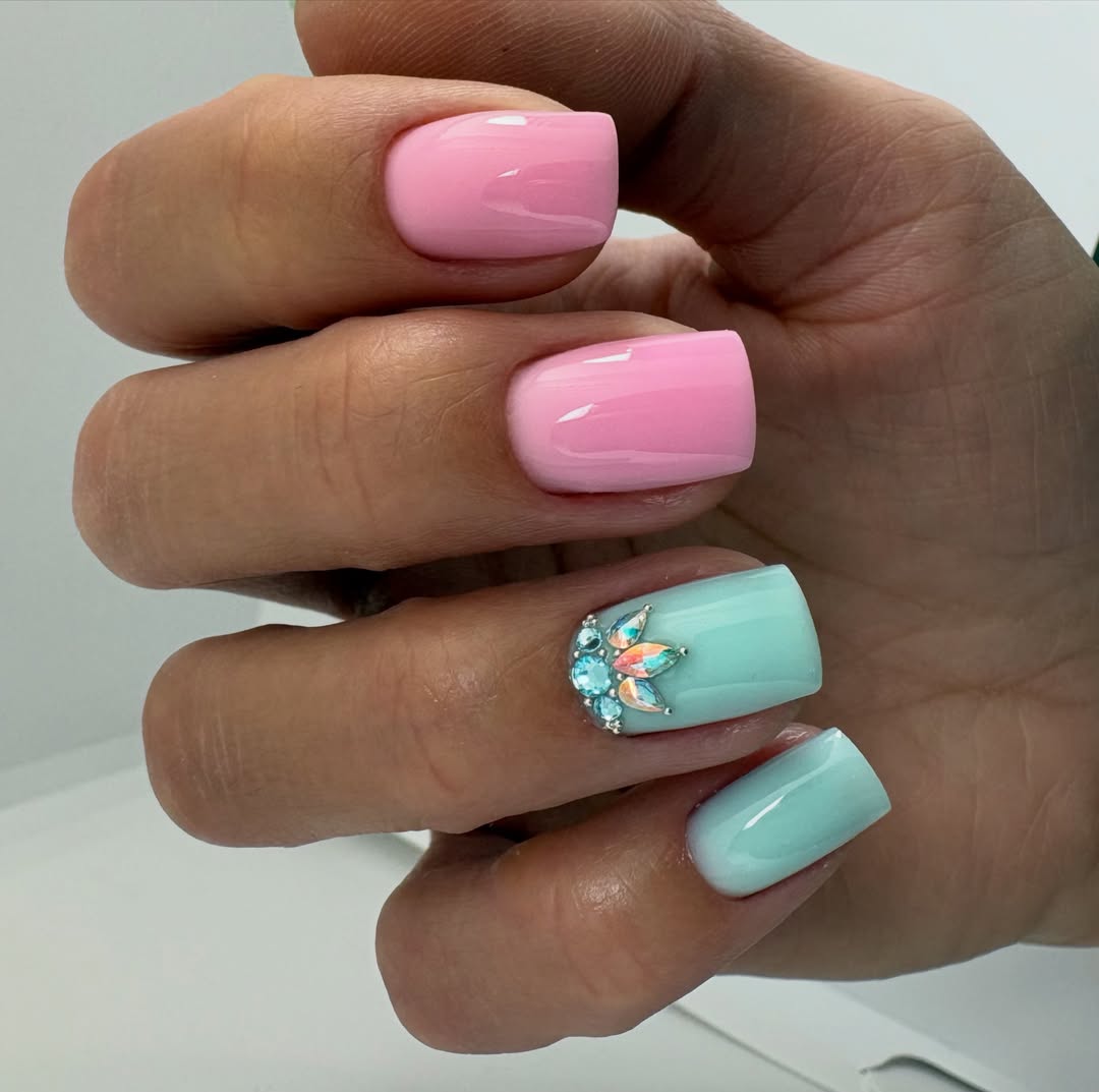 Pastel Pink Aqua Gemstone Square Nails