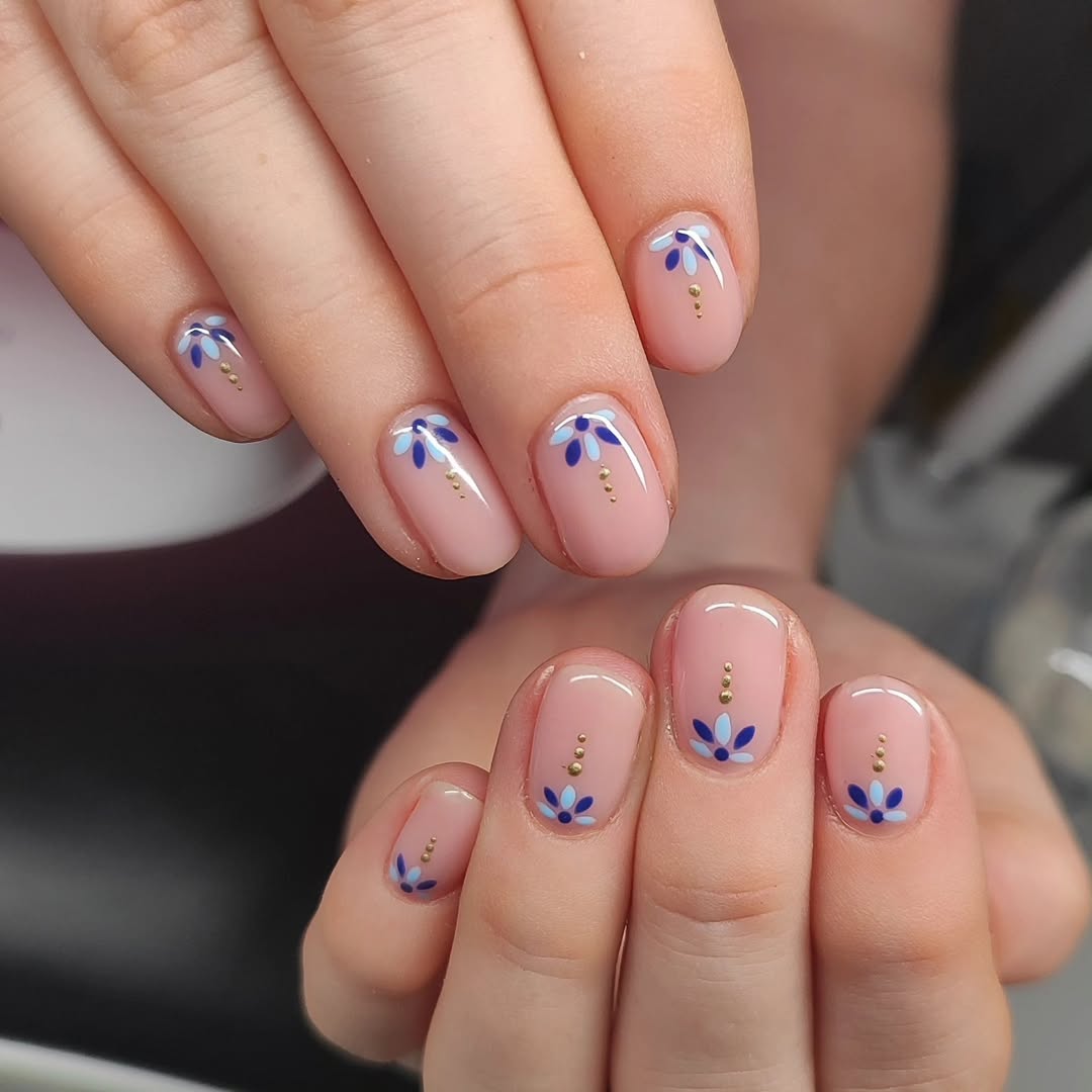 Pastel Pink With Blue Floral And Gold Dot Art