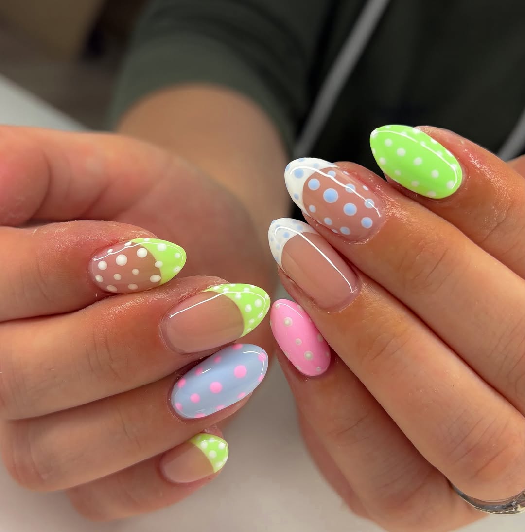 Pastel Polka Dot French Tips With Mismatched Nails