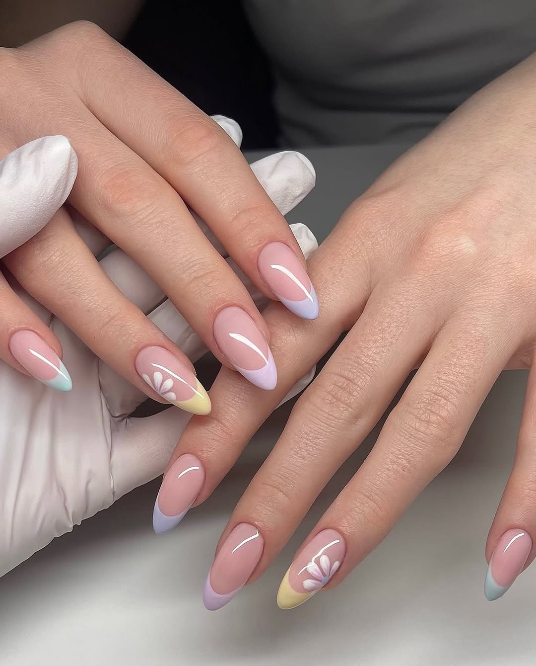 Pastel Rainbow Floral Almond French Tips