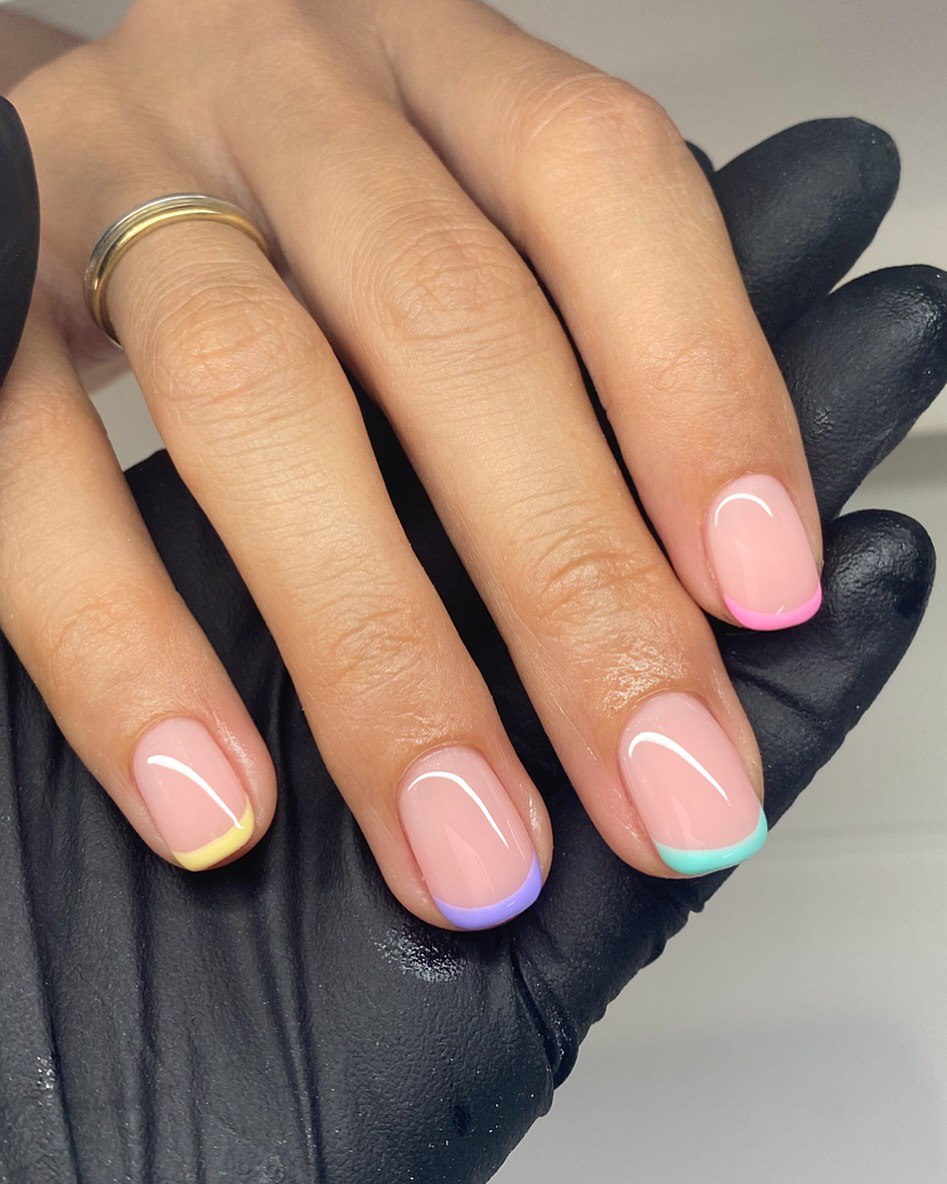 Pastel Rainbow French Tips With Glossy Pink Base