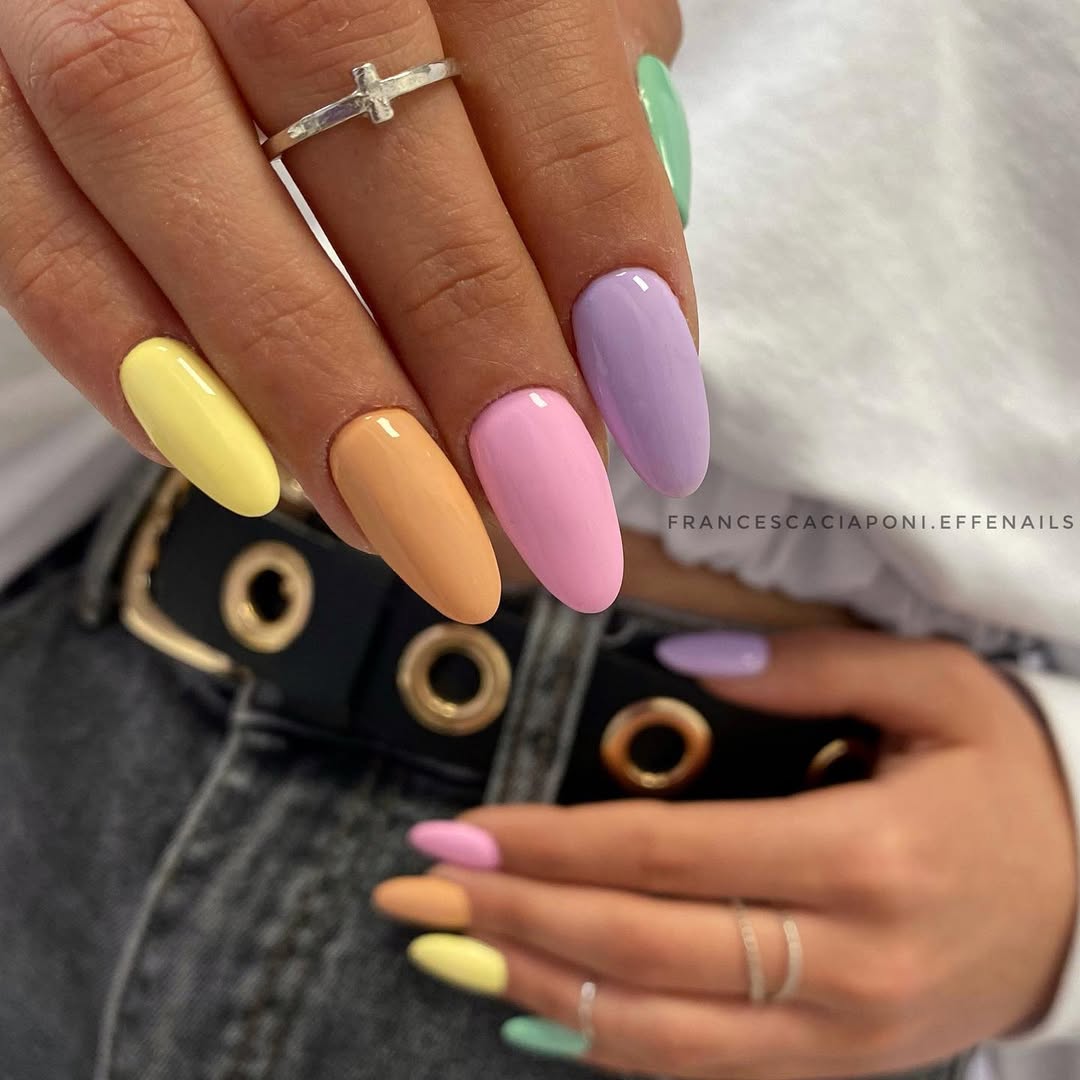 Pastel Rainbow Glossy Almond Nails