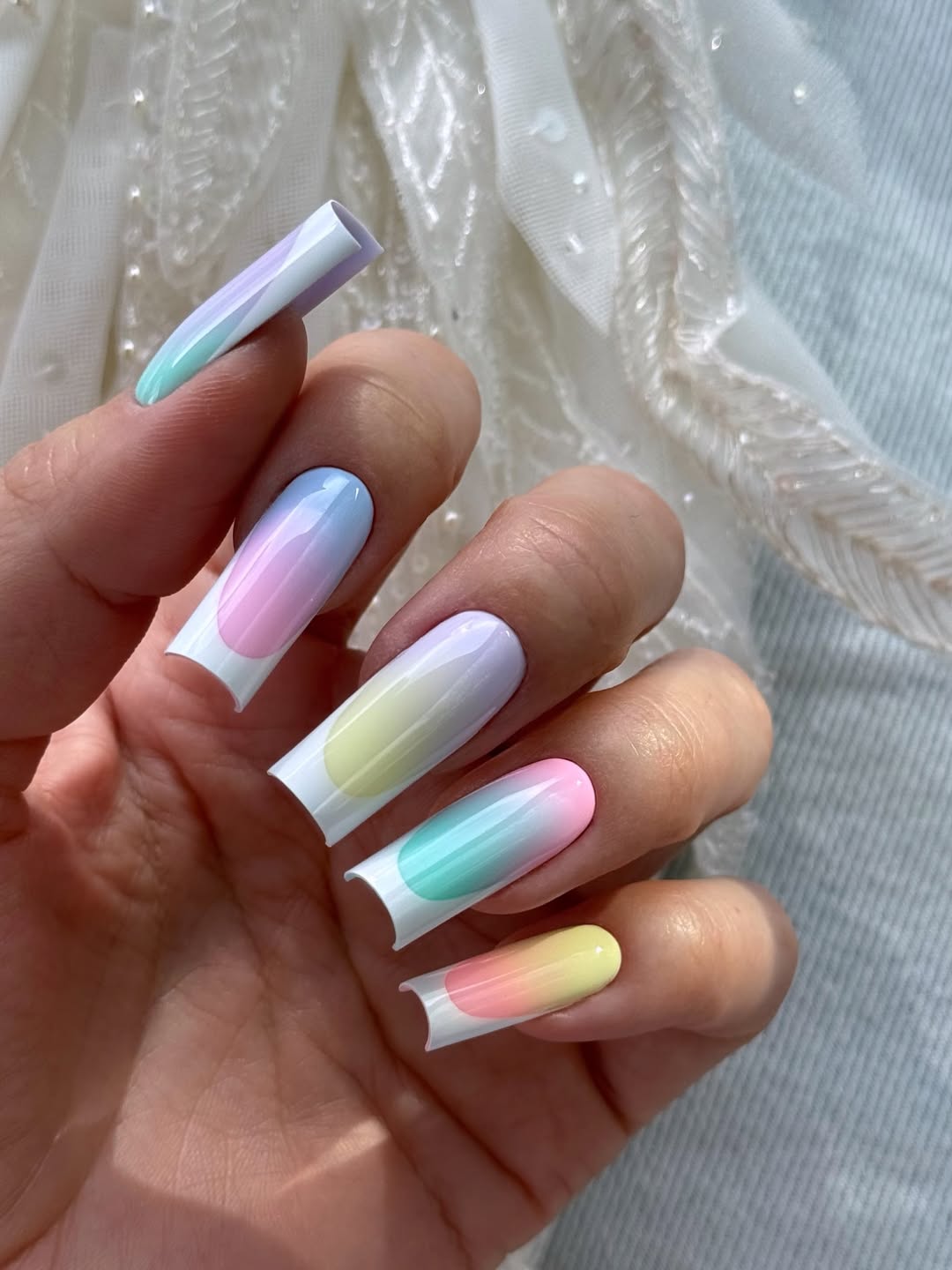 Pastel Rainbow Ombré Square French Tips