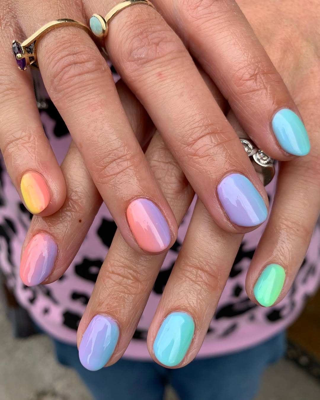 Pastel Rainbow Ombre Glossy Rounded Short Nails