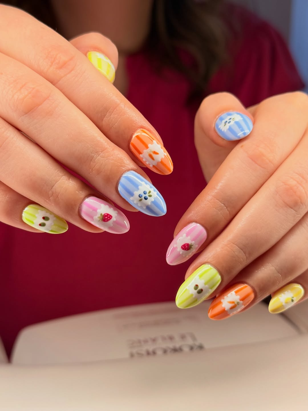 Pastel Striped Fruity Almond Nails With 3D Details